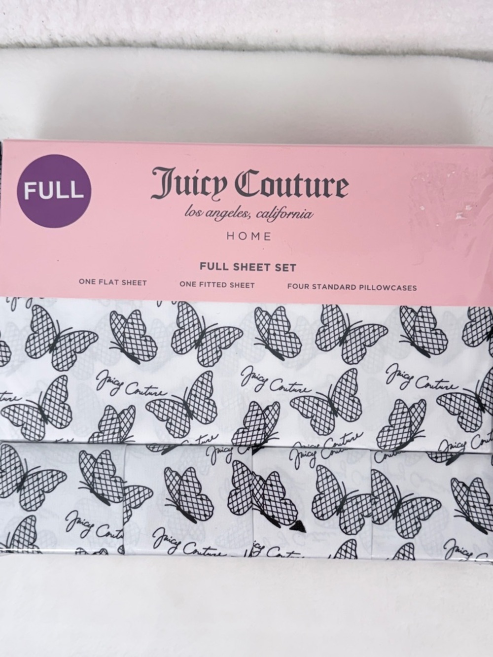 Juicy Couture Butterfly Print Full Sheet Set 6 Piece Bedding White Black Full - Picture 6 of 6